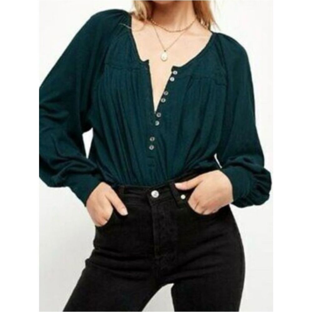 Free People Dream Lagoon Button-Front Blouse in Teal